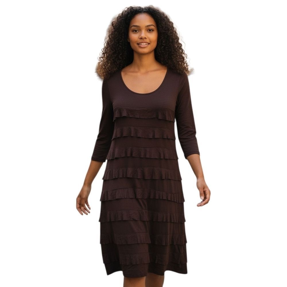 Lazy Daisy Brown Jersey Knit Tiered Ruffle Dress Long Sleeve Soft Comfy Stretch